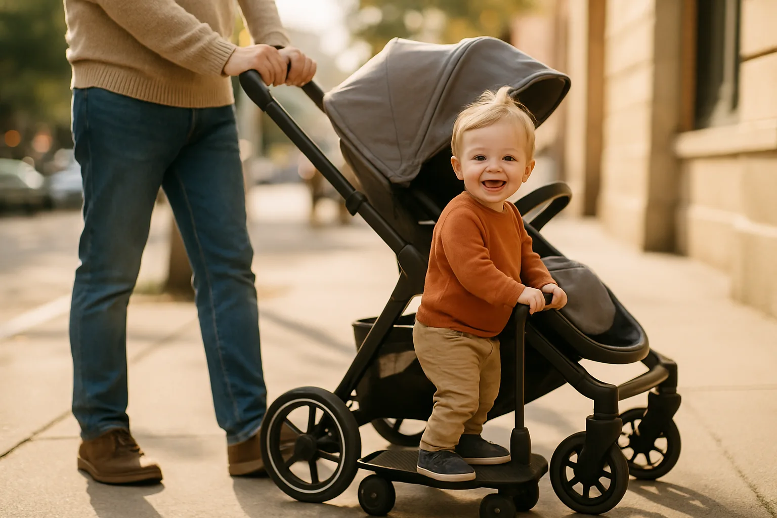 Enfant debout sur une planche à roulette poussette attachée à l'arrière d'une poussette moderne